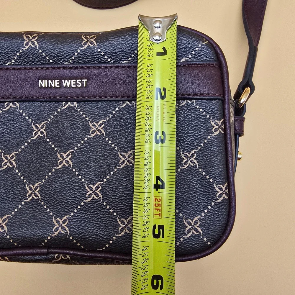 Nine West Monogram Crossbody Bag Burgundy Faux Leather Double Zip